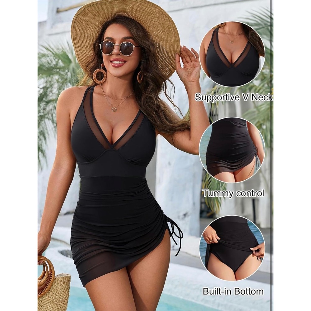 NEW Blooming Jelly Black‎ XL Tummy Control Swim Dress One Piece Swimsuit - Picture 5 of 7